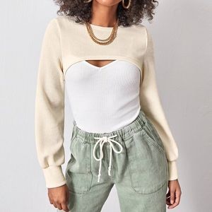 Cream Ribbed Long Sleeve Shrug